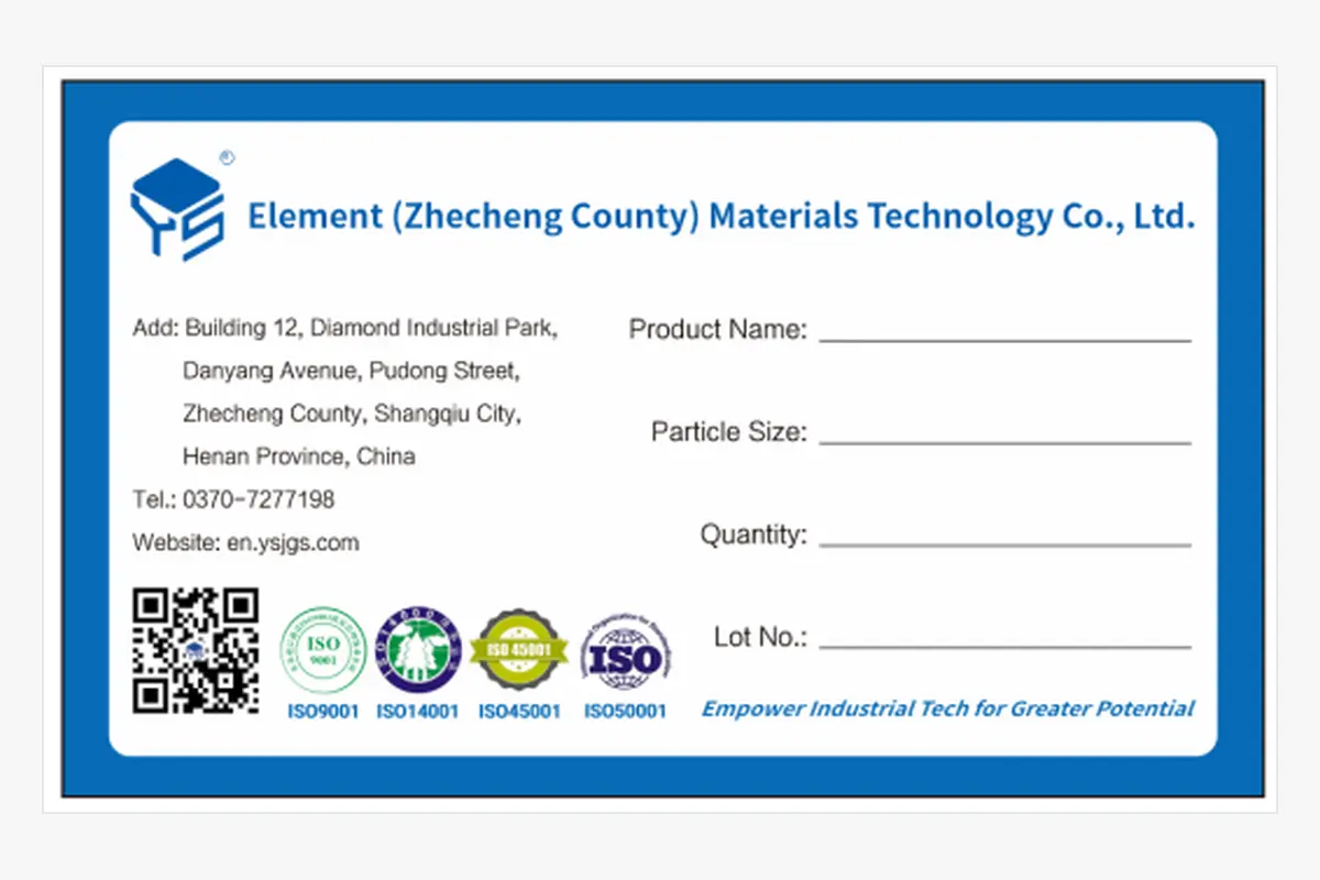 Etikett einer Industridiamant-Produktverpackung mit Feldern für Produktname, Partikelgröße, Menge und Chargennummer